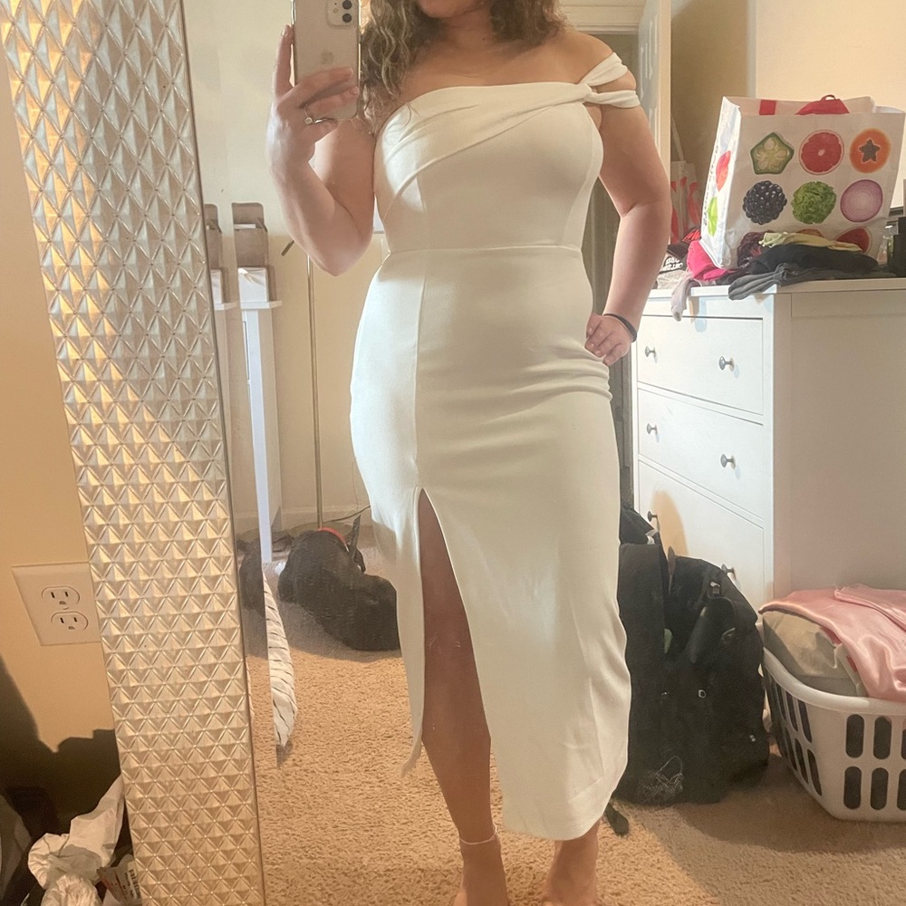 Lulus Off-Shoulder White Midi Dress with Front Slit